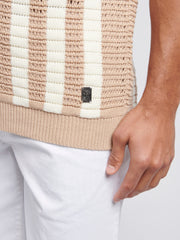 Mens Crochet Knit Open Collar  Polo Shirt in Doeskin