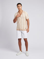 Mens Crochet Knit Open Collar  Polo Shirt in Doeskin