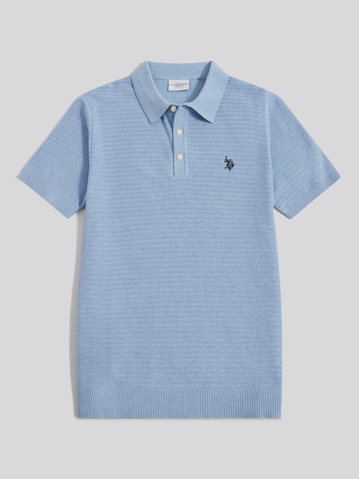 Mens Herringbone Texture Knit Polo Shirt Parisian Blue Marl