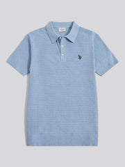 Mens Herringbone Texture Knit Polo Shirt Parisian Blue Marl