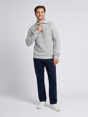 Mens Half Cardigan Stitch Knit Funnel in Mid Grey Marl