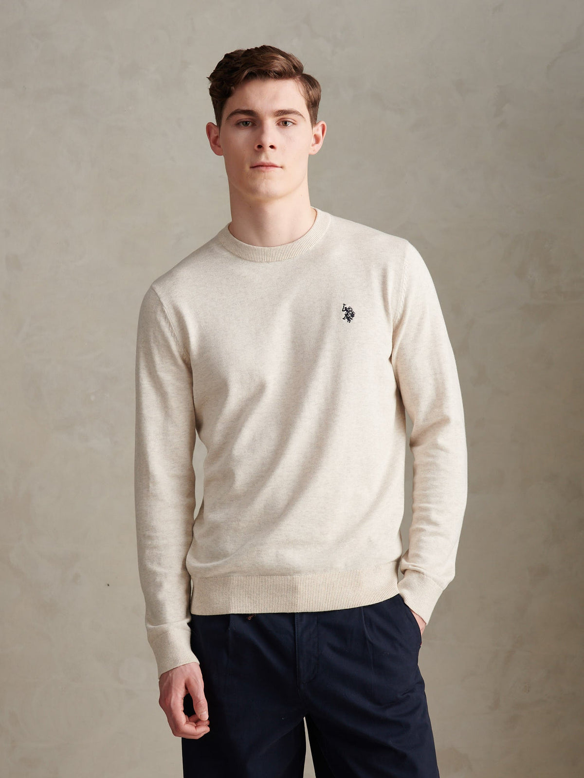 Mens Double Horsemen Cotton Knit Crew Jumper Birch Marl