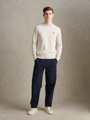 Mens Double Horsemen Cotton Knit Crew Jumper Birch Marl