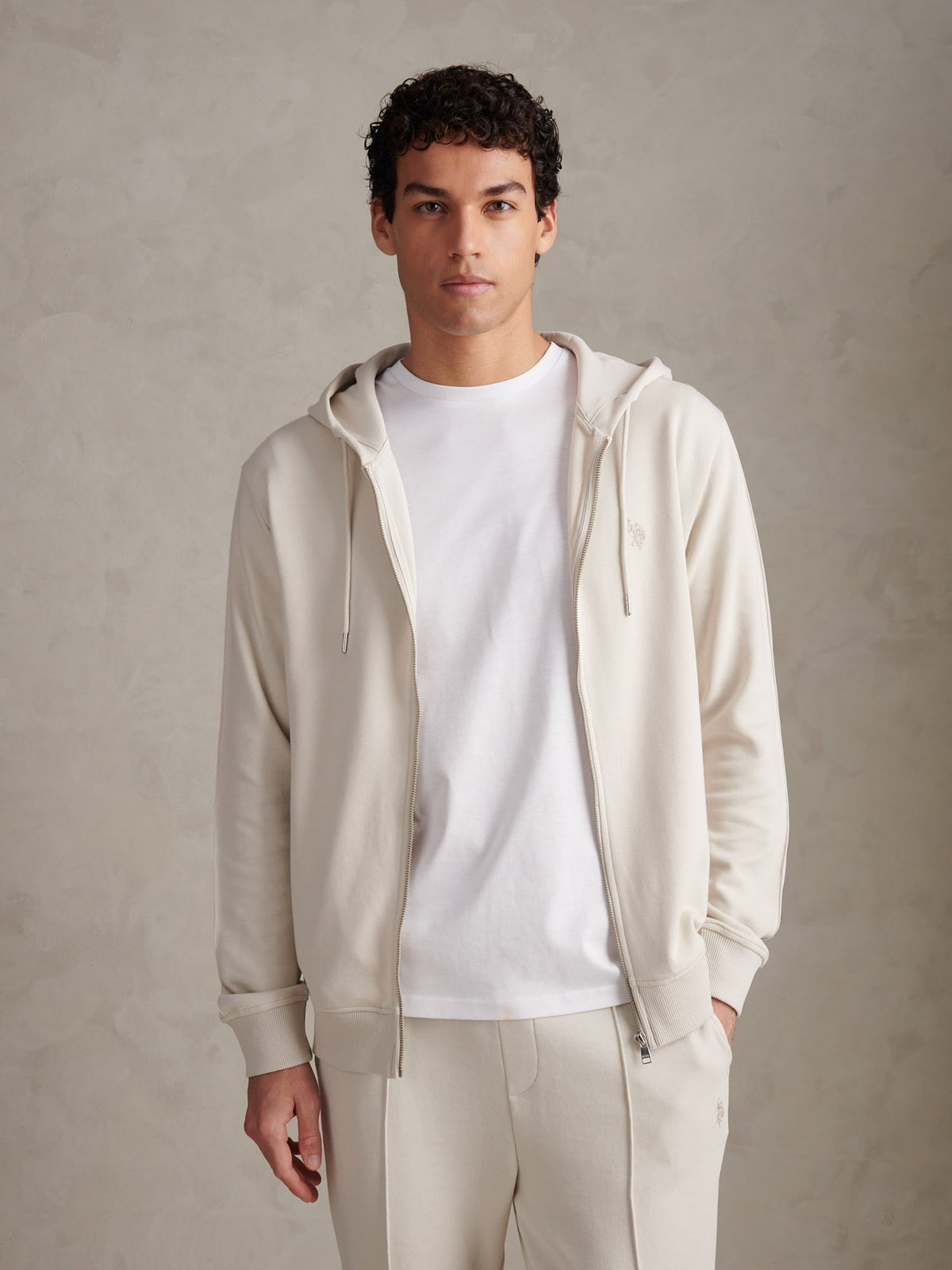 Mens Double Horsemen Interlock Zip Hoodie Beige