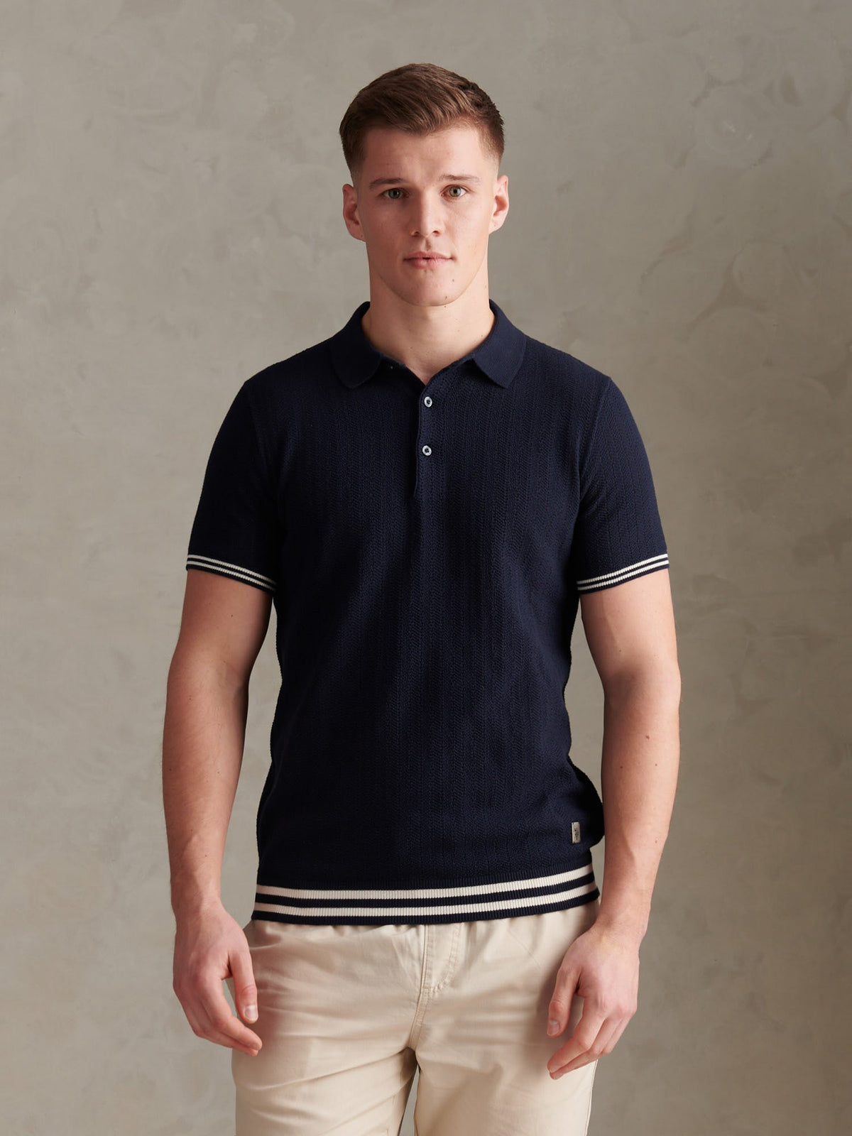 Mens Tipped Open Knit Polo Shirt Dark Sapphire Navy