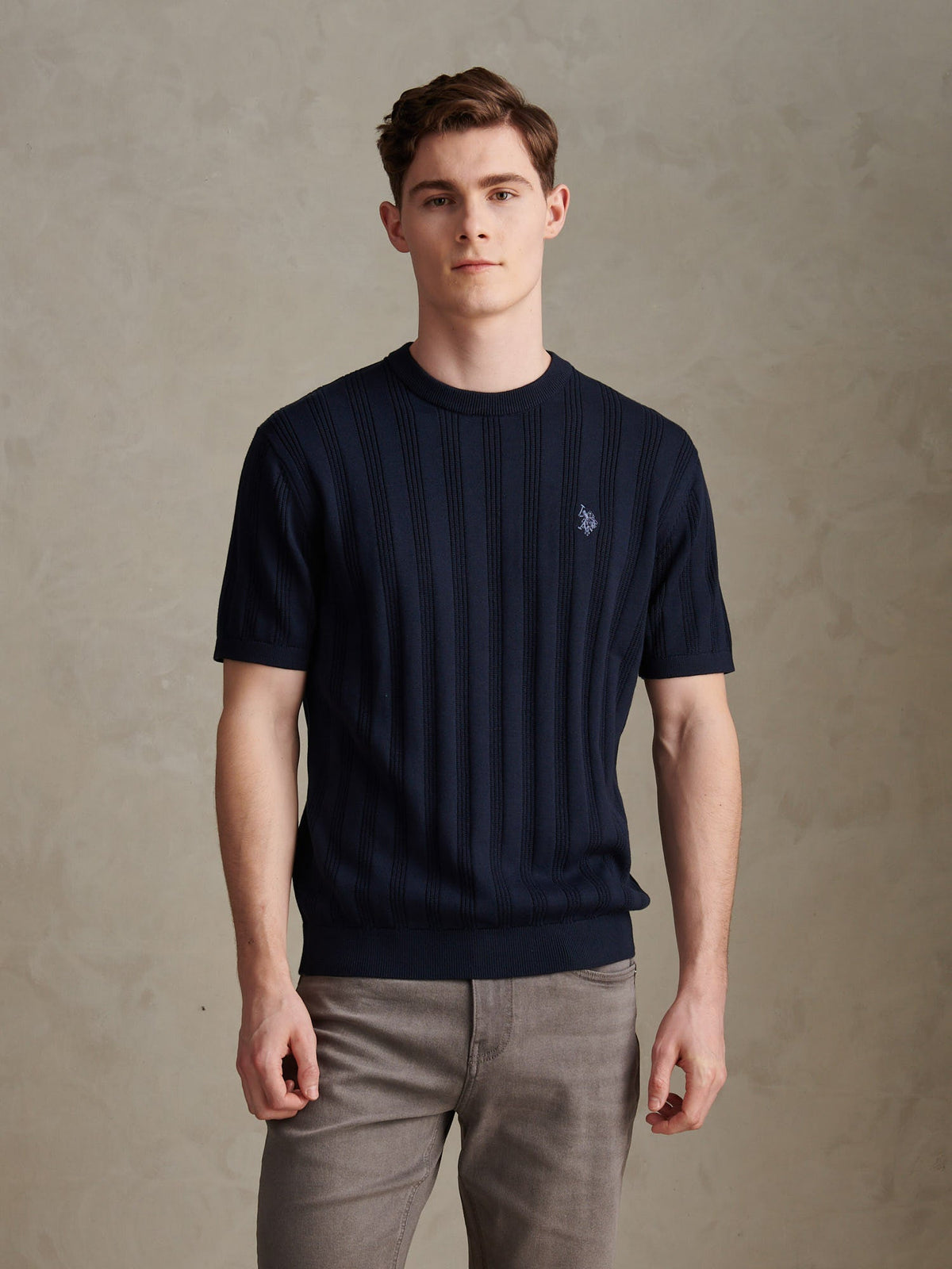 Mens Vertical Texture Knit T-Shirt Dark Sapphire Navy / Moonlight Blue DHM