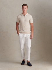 Mens Zip Knit Short Sleeve Polo Shirt Beige