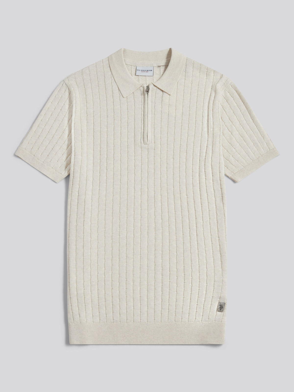 Mens Zip Knit Short Sleeve Polo Shirt Birch Marl