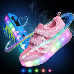 WS01 LED Light Ultra Light Mesh Surface Rechargeable Double Wheel Roller Skating Shoes Sport Shoes, Size : 33, Size : 33