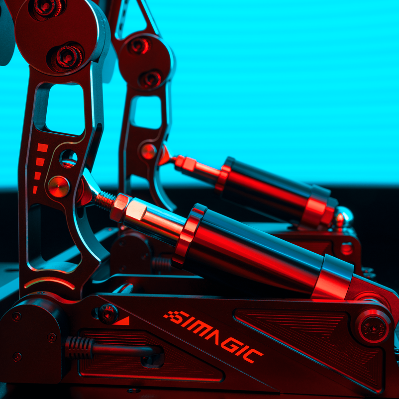 Simagic P1000-2 modular racing pedals set with adjustable load cell and hall sensor from Trak Racer UK, shown with pedal details.