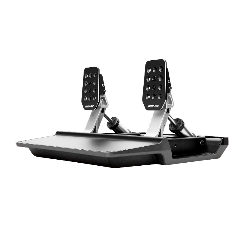 Simagic P500-2 dual-sensor pedal set with load cell and hall brake, adjustable throttle, shown in a racing simulator setup.