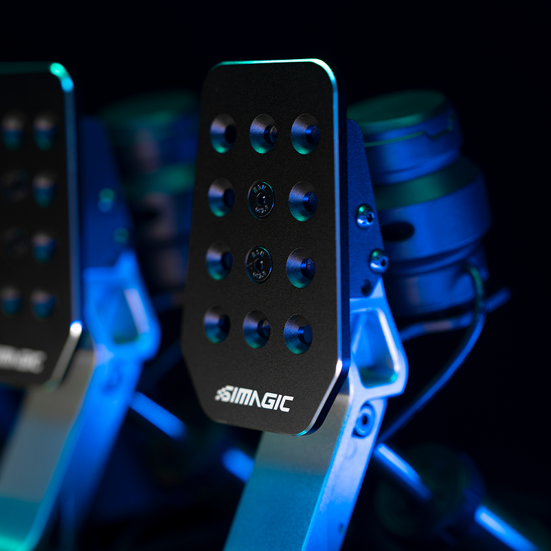 Simagic P500-2 dual-sensor racing pedals with load cell brake and adjustable throttle, designed for sim racing setups.