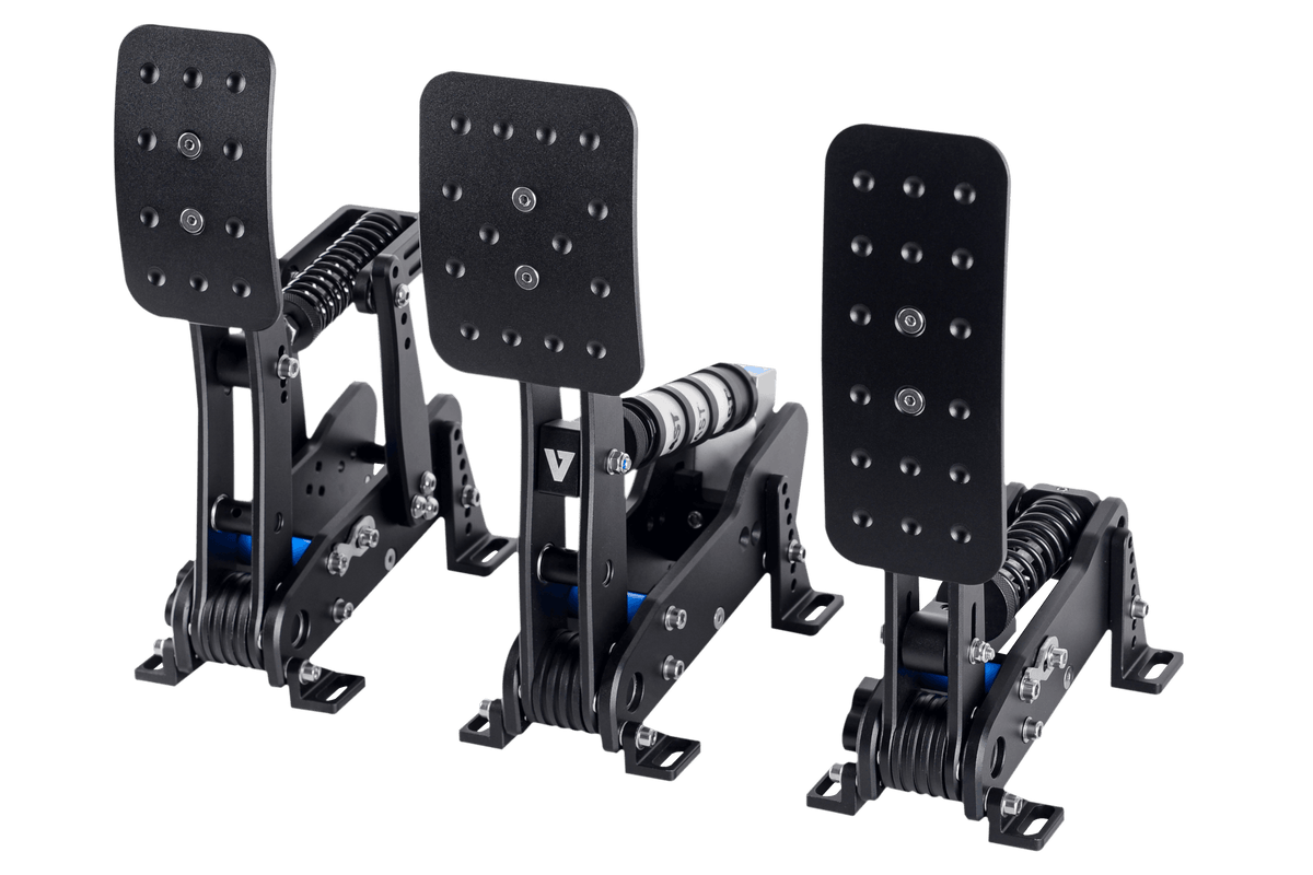 Trak Racer UK VNM 3-pedal set for racing simulator with professional load cell pedals, including accelerator, brake, and clutch pedals.