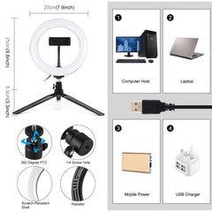 PULUZ 7.9 inch 20cm Light + Desktop Tripod Mount USB 3 Modes Dimmable Dual Color Temperature LED Curved Light Ring Vlogging Selfie Beauty Photography Video Lights with Phone Clamp, 7.9 inch+Tripod