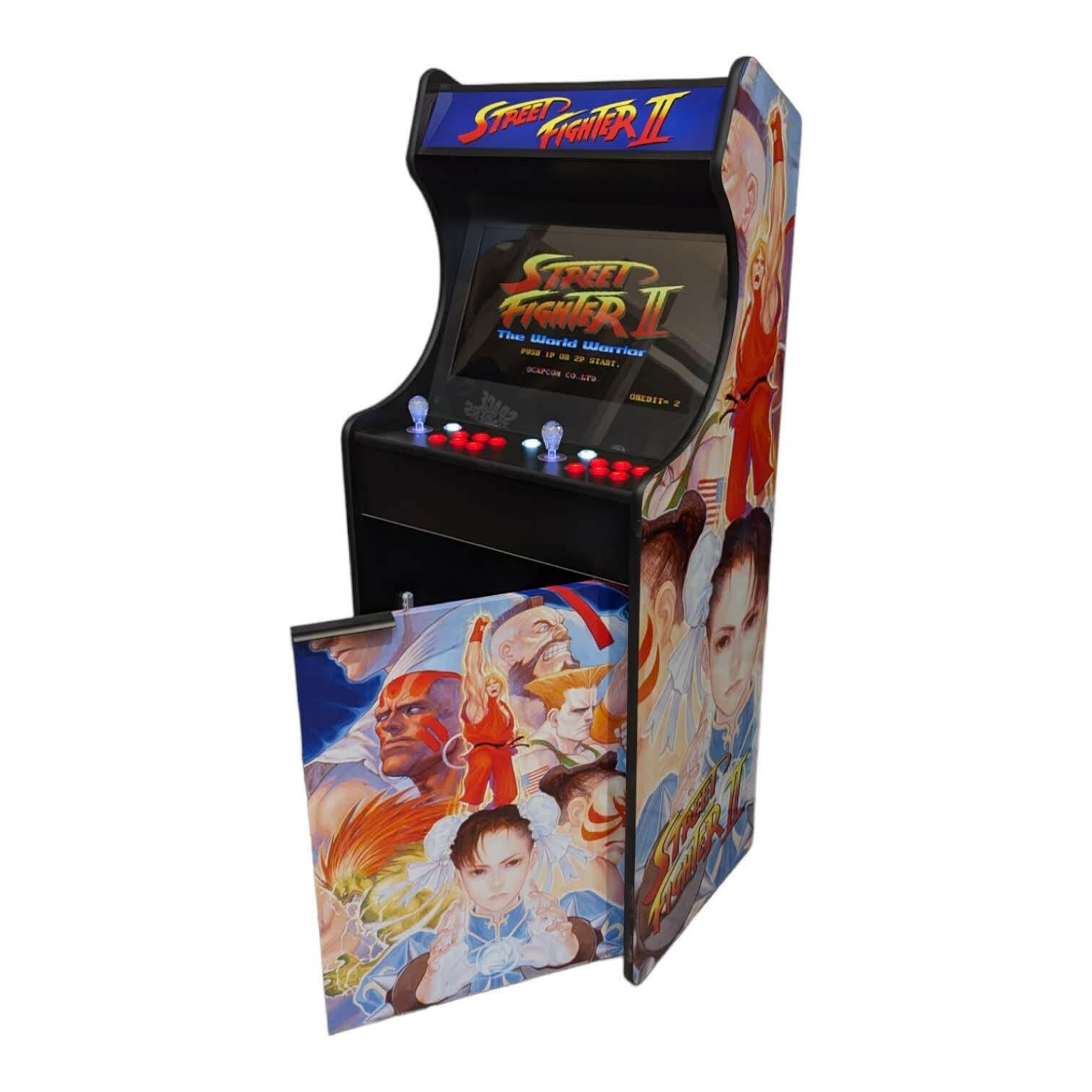 Deluxe 24-inch home arcade cabinet featuring Street Fighter theme by Roll Model Arcade, with colorful game artwork and control panel