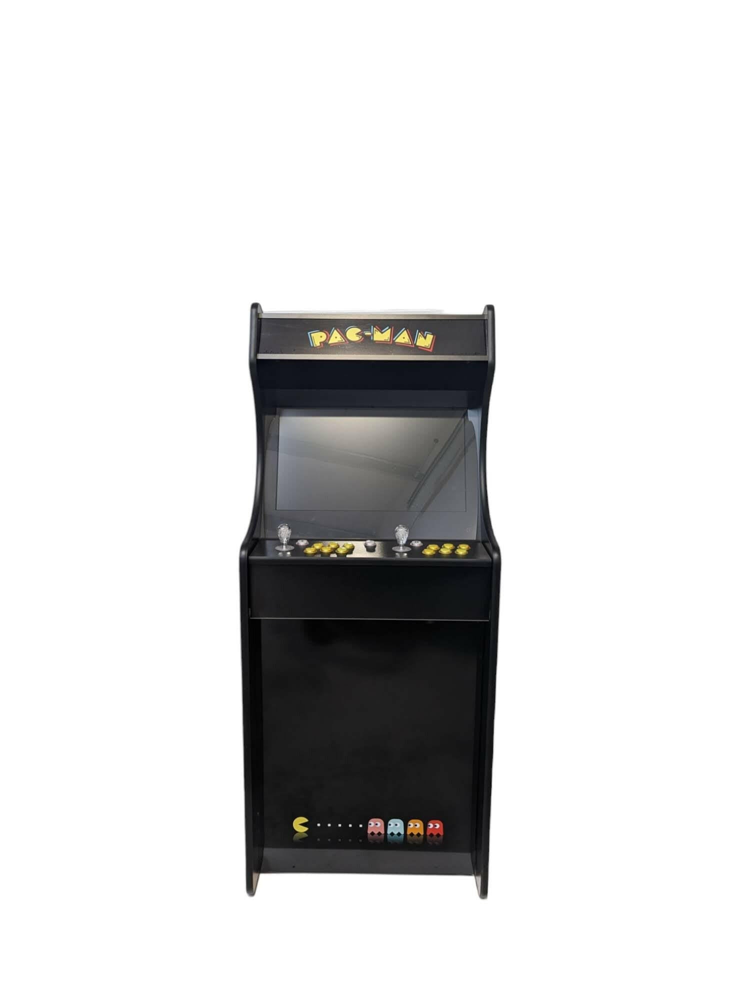 Pacman Dark Theme game on Deluxe 24 Home Edition arcade console by Roll Model Arcade, featuring colorful Pacman graphics.