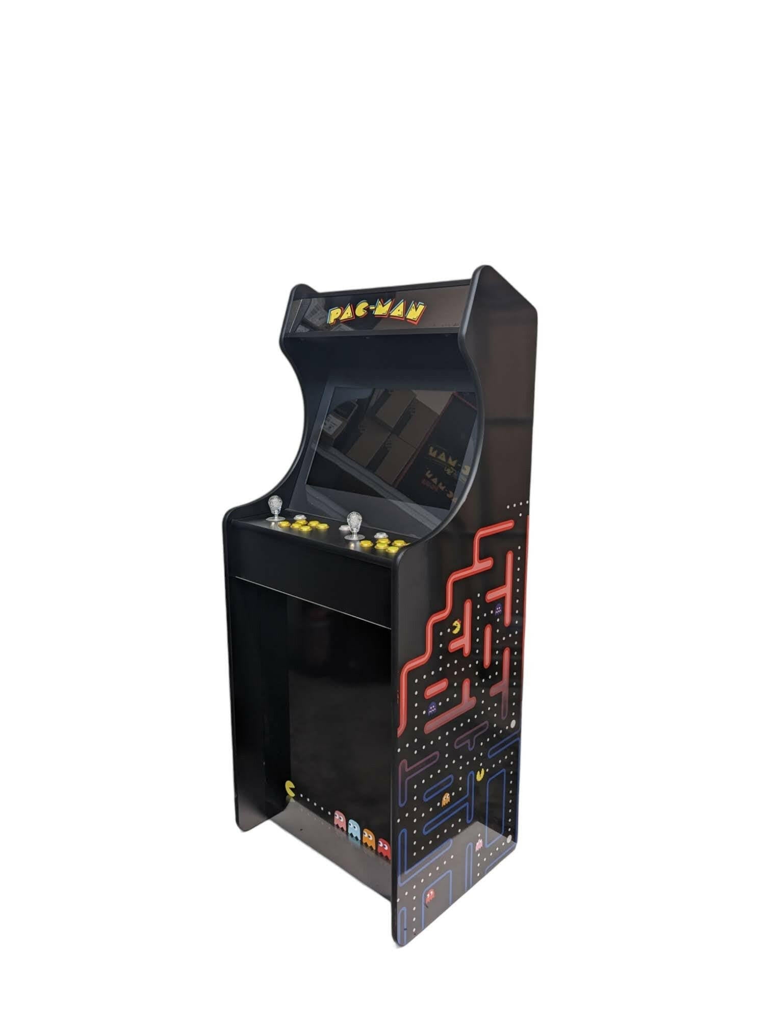 Deluxe 24 Pacman Dark Theme arcade game cabinet by Roll Model Arcade with classic game graphics and illuminated controls.