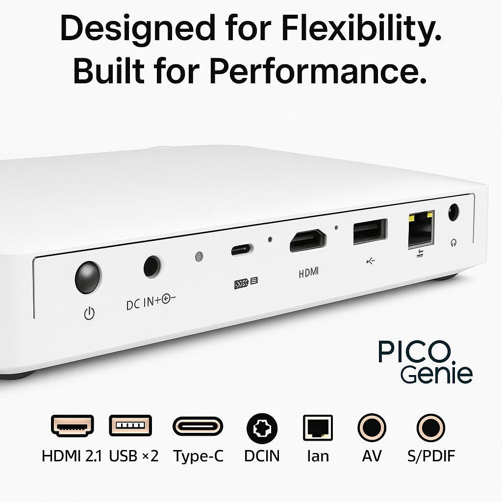 Personal Projector Pico Genie M550 Plus 4.0 smart projector in white, showing ports and compact design for portable HD projection.