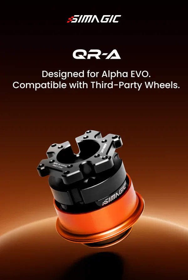 Simagic Alpha EVO USB Quick Release for wheel accessories, compatible with SRM, shown with mounting interface and connectors.