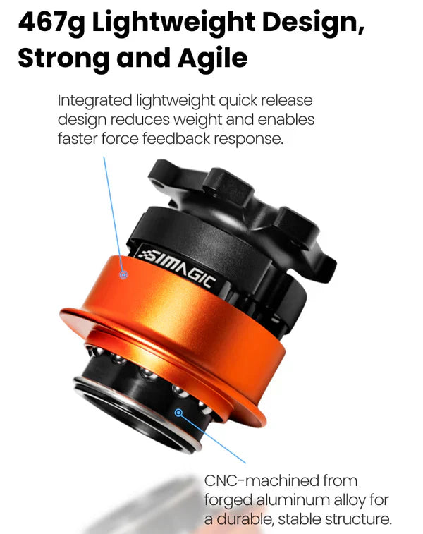 Simagic Alpha EVO USB Quick Release for SRM, compatible with Trak Racer UK wheel accessories, shown in a close-up of the mounting mechanism.