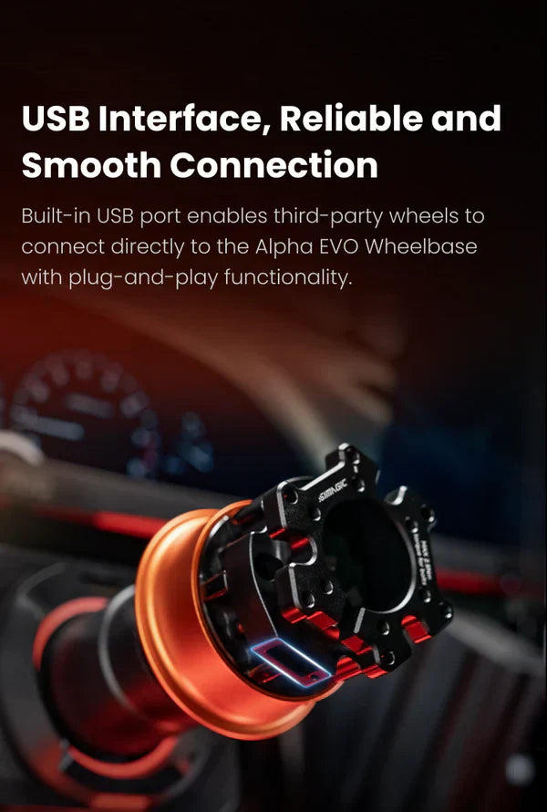 Simagic Alpha EVO USB Quick Release for wheel accessories, compatible with SRM adapted, shown on a racing wheel setup.