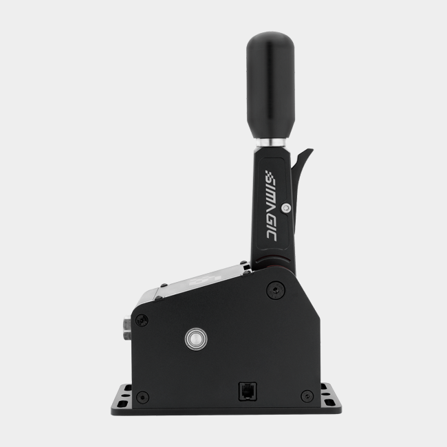 Simagic Q1S sequential shifter with neutral, adjustable force, compact planetary gear design, USB connection, mounted on a racing simulator setup.