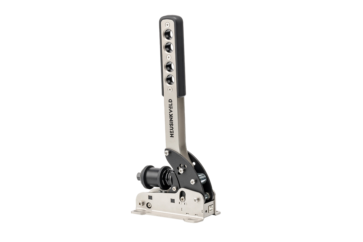 Trak Racer UK Heusinkveld Black Handbrake and shifter with textured grip and sturdy mounting, designed for racing sim setups.