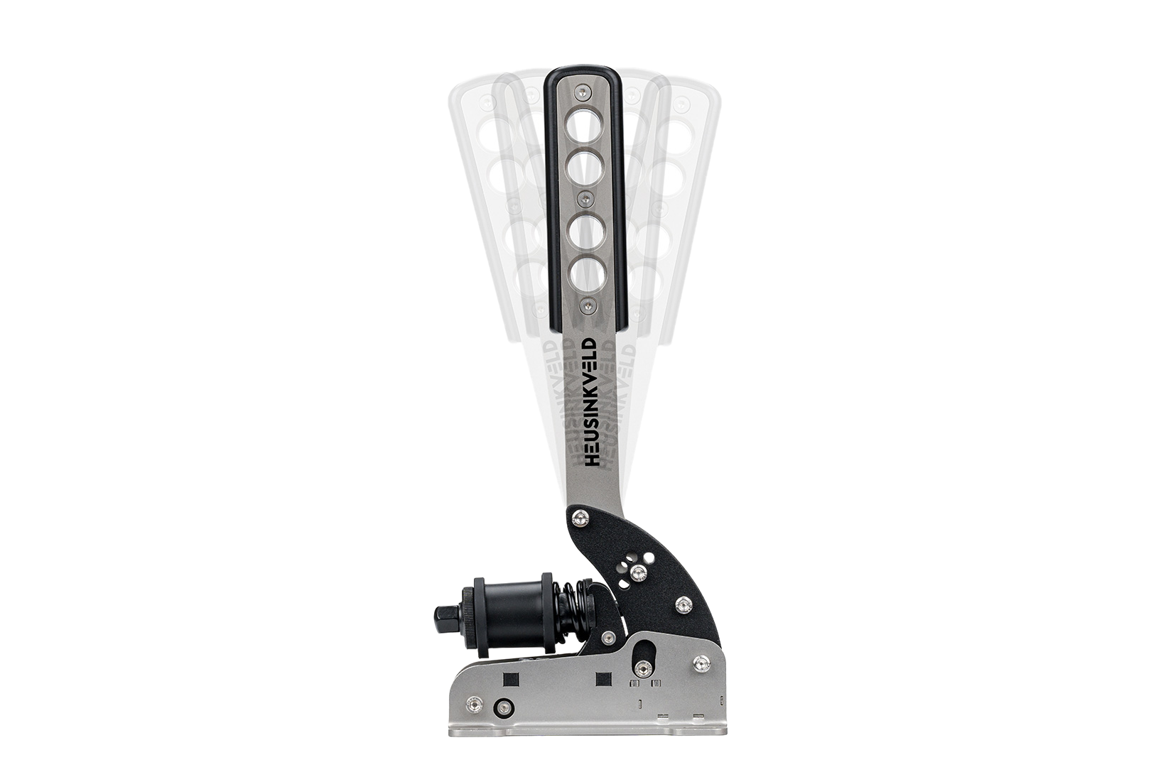 Heusinkveld black handbrake and shifter for racing simulators, with detailed black and silver design, mounted on a Trak Racer setup