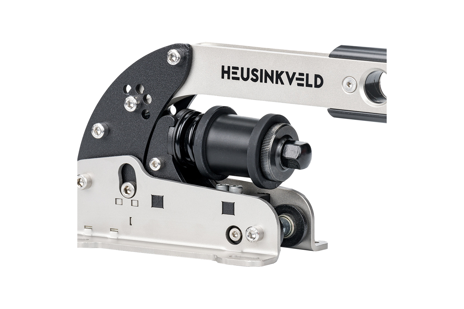Heusinkveld black handbrake and shifter for racing simulators, Trak Racer UK, with detailed grip and mounting base visible