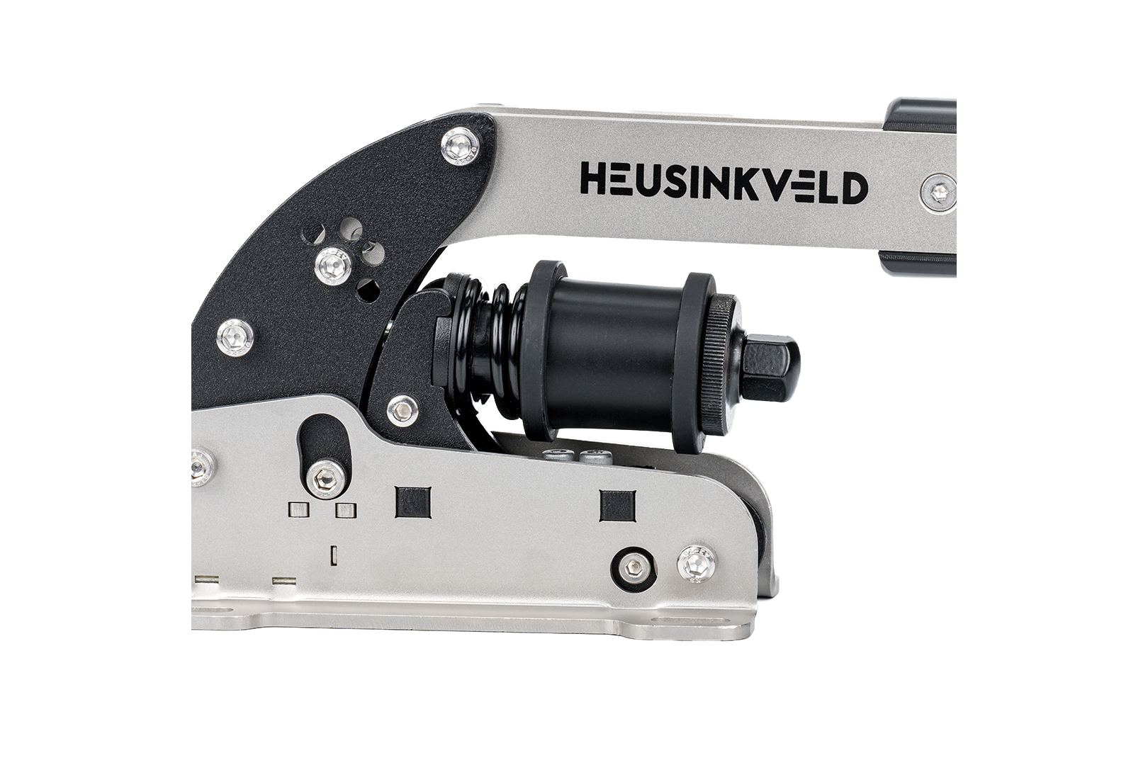 Heusinkveld Black Handbrake and Shifter for racing simulators, mounted on a Trak Racer UK rig with detailed controls visible.