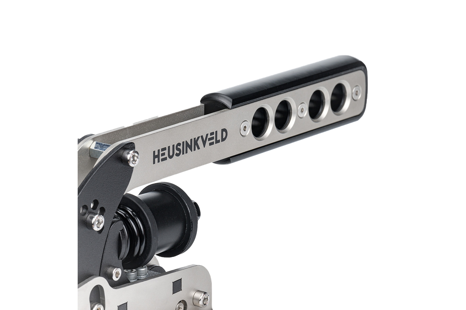 Heusinkveld Black Handbrake and Shifter for racing simulators, shown with textured grip and mounting base on a racing rig.