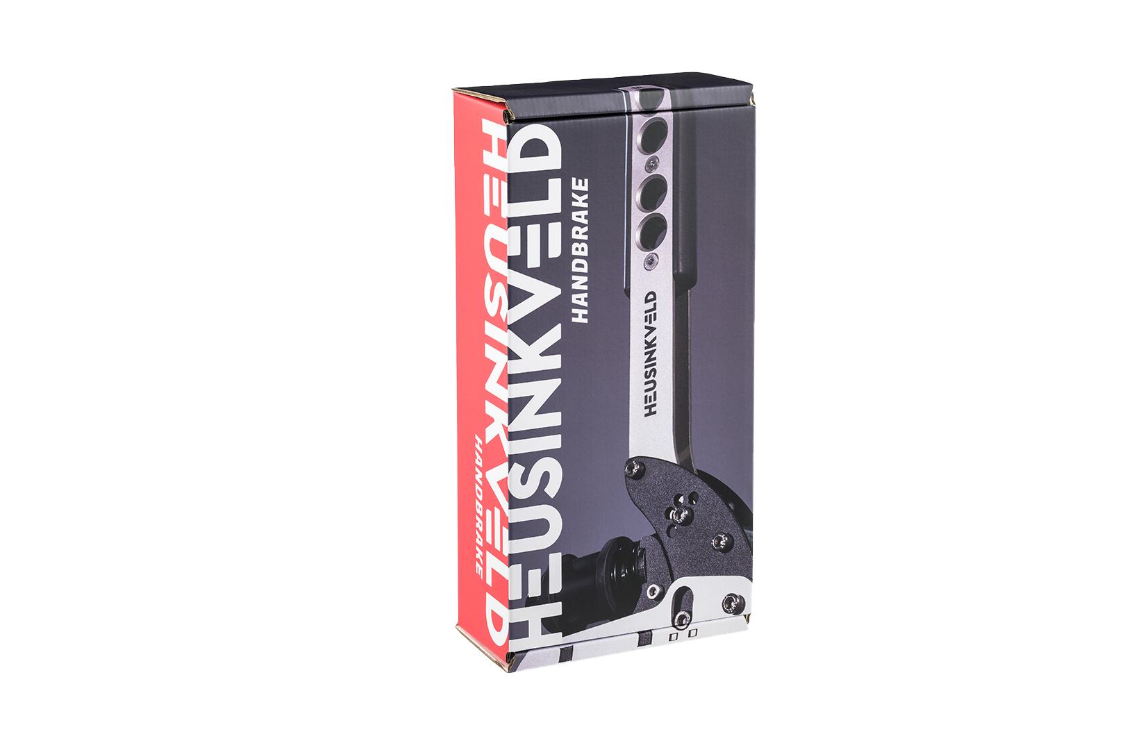 Trak Racer UK Heusinkveld black handbrake and shifter with ergonomic design, mounted on a racing simulator setup.