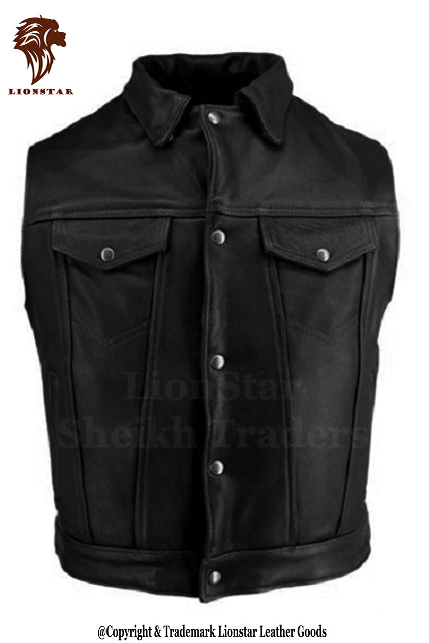 Men's Black Biker Cut Off Leather Vest | Premium | Iconic Style | All Sizes XS-4XL