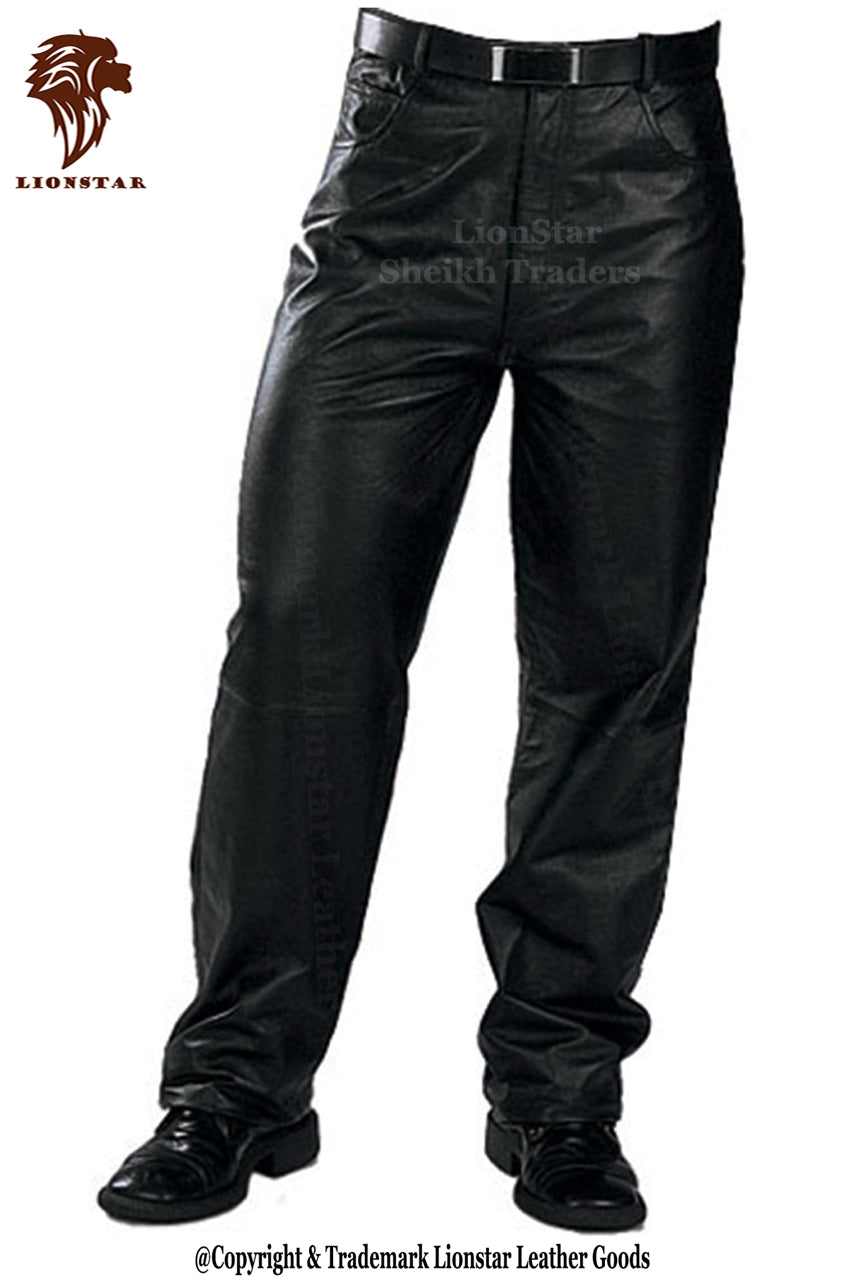 Men's Black Sheepskin Biker Pants | Premium Panther Design | Soft & Protective