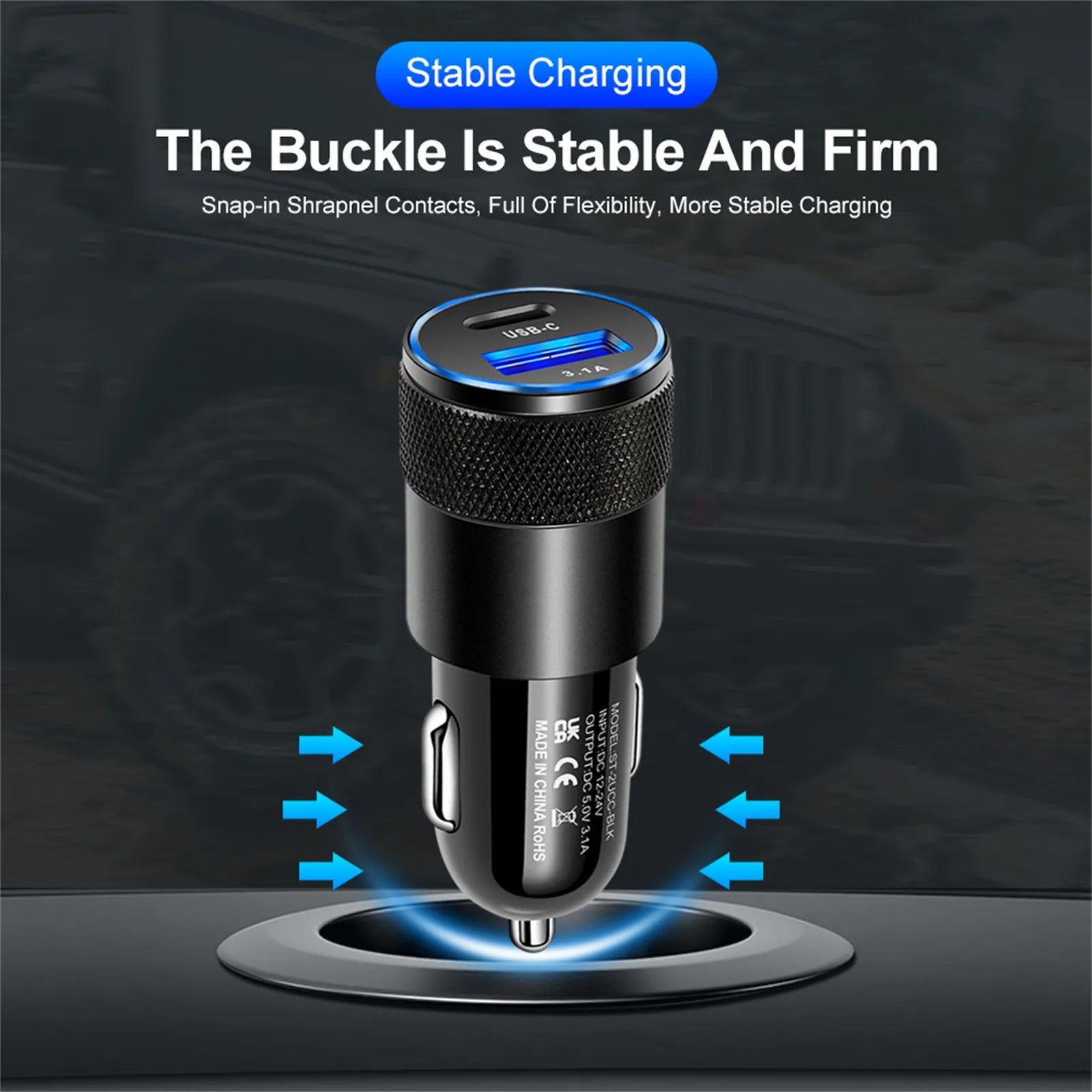 Eliteridegear multifunctional car charger with multiple USB ports, compact design, and stable charging for various devices.