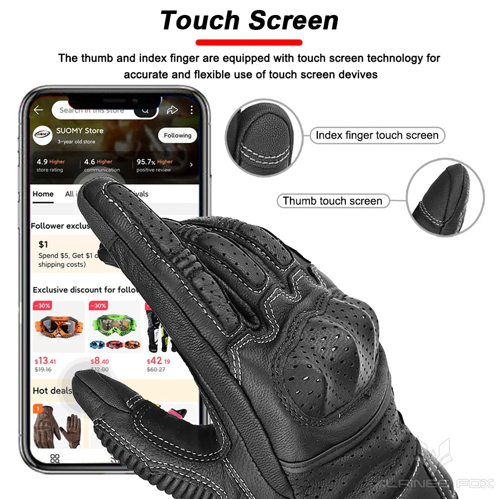 Eliteridegear summer retro perforated leather motorcycle gloves for men and women, full finger motocross biker gloves in black
