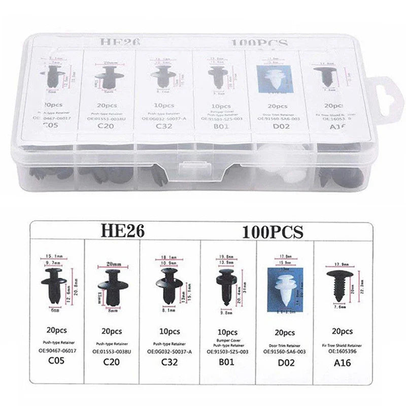 Set of 100 Eliteridegear plastic car clips and fastener screws for body panels, bumpers, and interior auto decoration.