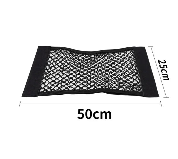 Eliteridegear car trunk mesh organizer with net pockets, tail storage net, and magic tape for interior auto storage and seat back organization.