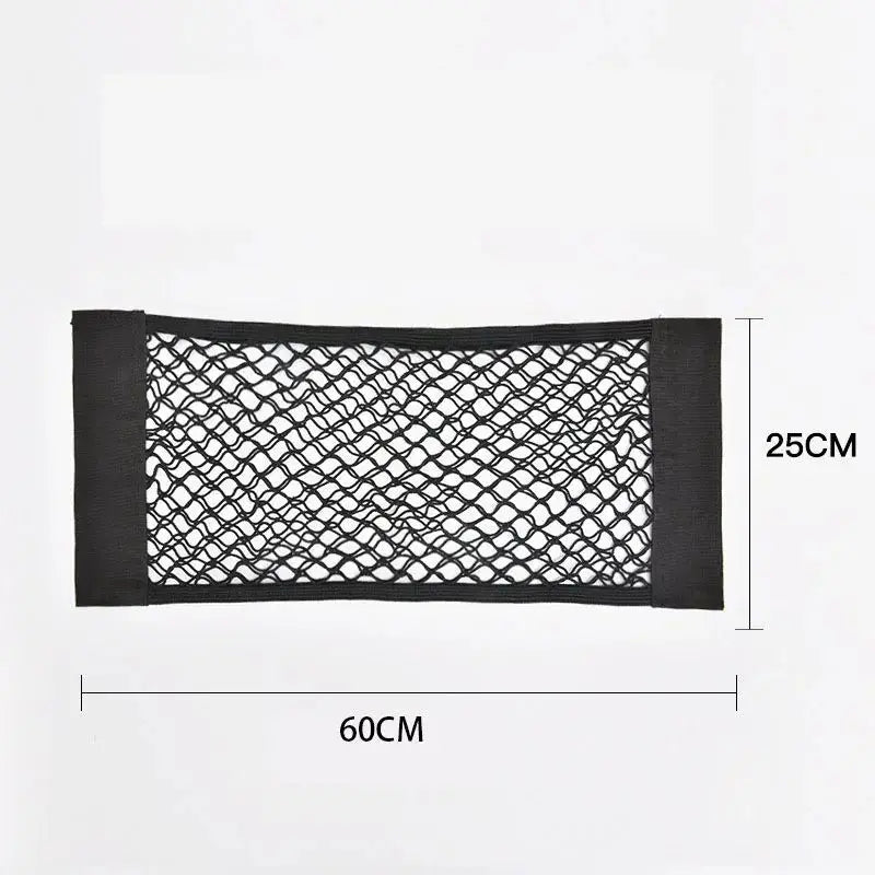 Eliteridegear car trunk mesh organizer with storage net and seat back pocket, designed for universal auto interior organization.