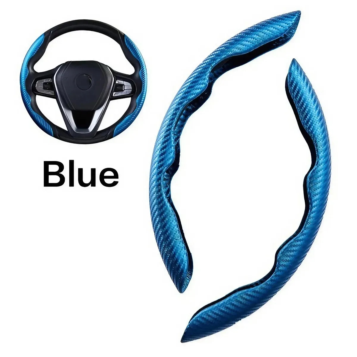 Universal steering wheel cover by Eliteridegear, ultra-thin carbon fiber design with anti-slip pattern on a car wheel.