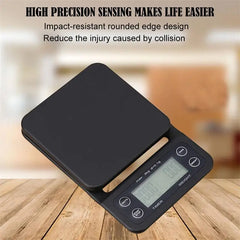 Adistore black precision coffee dropping scale with digital LCD display, 0.1g accuracy, and timer for brewing precision