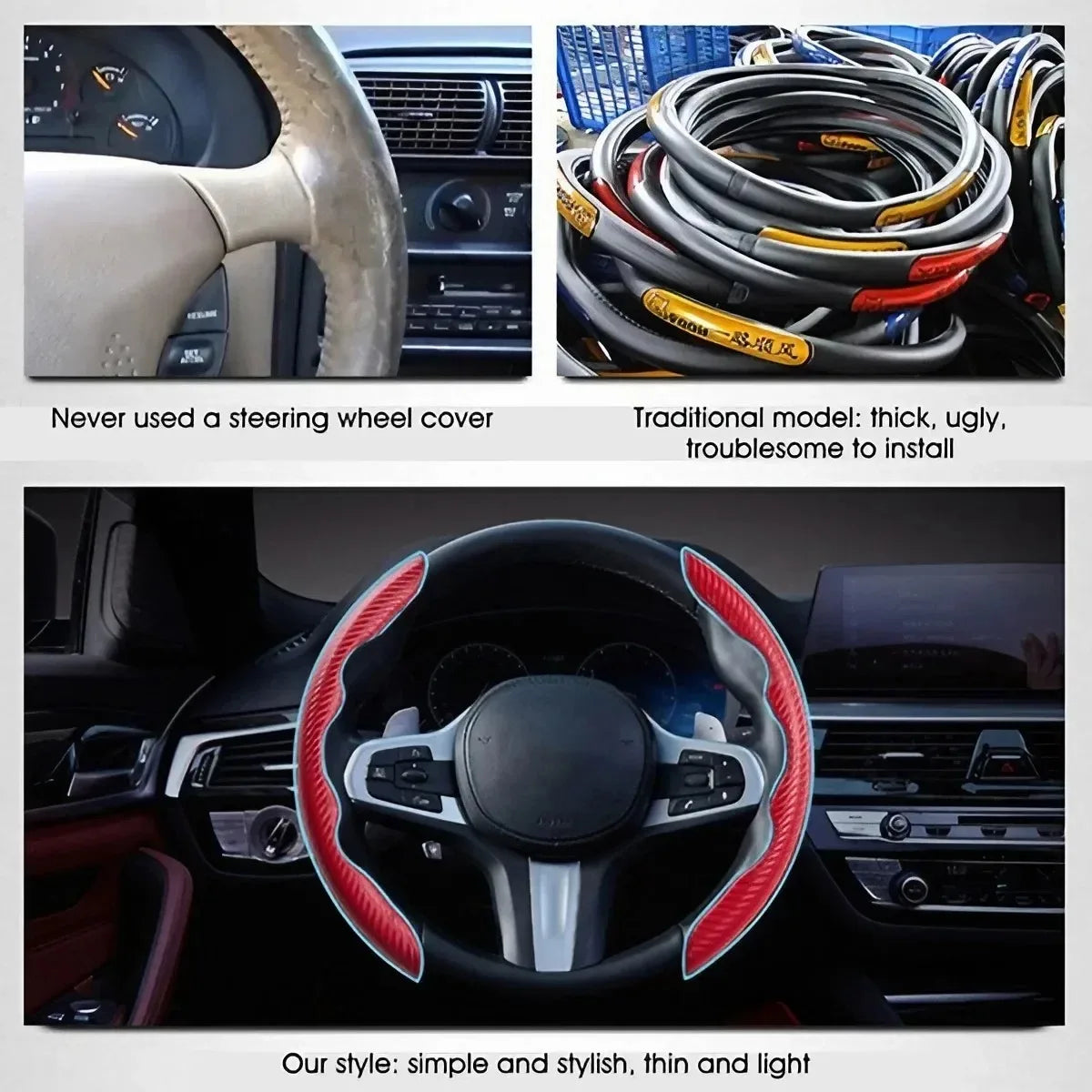 Ultra-thin carbon fiber steering wheel cover by Eliteridegear with anti-slip pattern, fitting most car wheels.