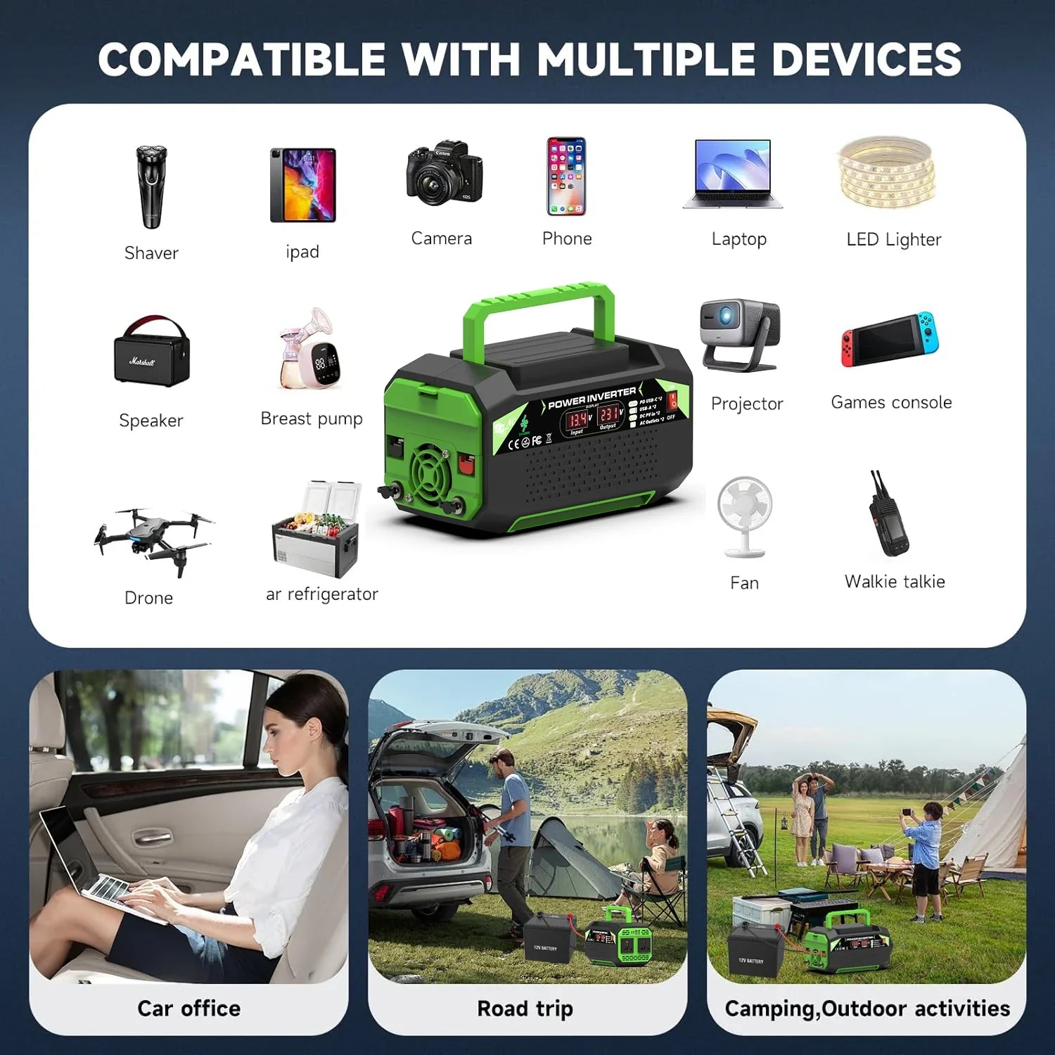 Adistore 500W 12V to AC power inverter with USB and Type-C ports, compact device for vehicle or portable power needs.