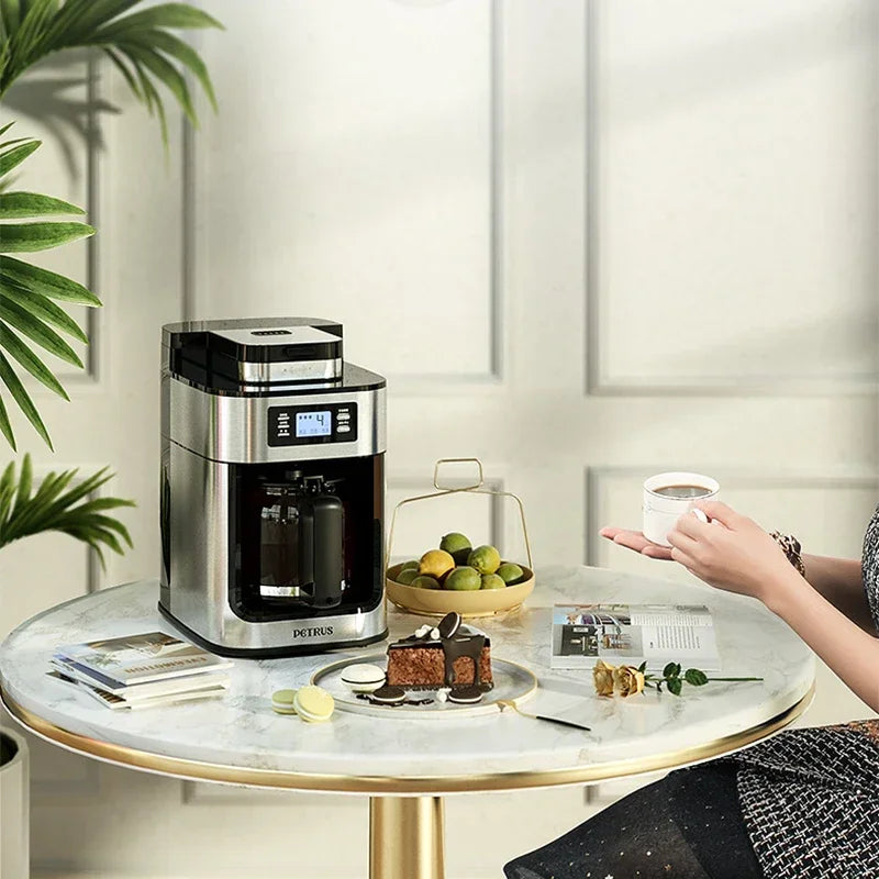 Adistore automatic 2-in-1 coffee maker with grinder, 1050W LED display, black and stainless steel finish, showing the machine's front view.