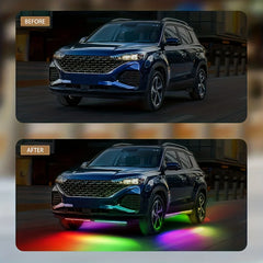 Eliteridegear RGB flexible car underglow light strip with app control, 12V LED neon underbody ambient lighting on vehicle.