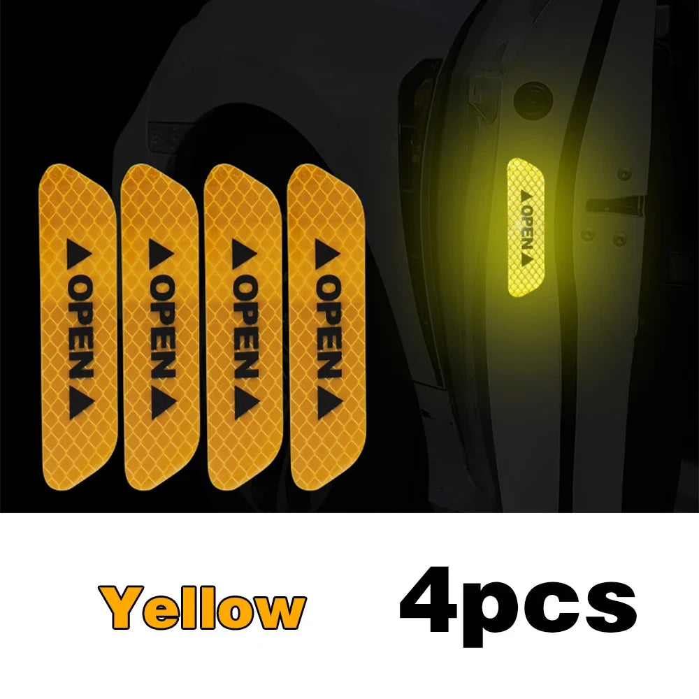 Set of four Eliteridegear reflective car door stickers with safety warning tape for exterior and interior use on vehicles.