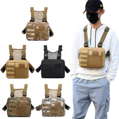 Unisex tactical vest with multiple compartments, waterproof Oxford fabric, and adjustable straps, suitable for streetwear and outdoor activities.