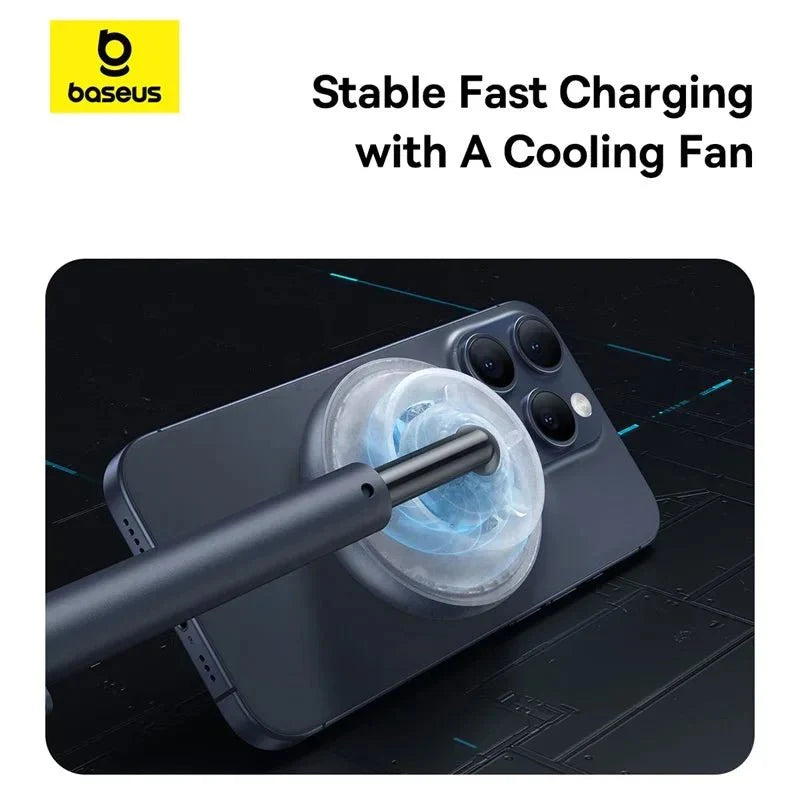 Baseus 2-in-1 magnetic wireless charger stand with 15W Qi2 for iPhone, featuring sleek design and secure magnetic charging.