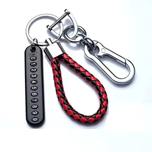 Eliteridegear trendy DIY mobile phone number plate pendant keychain with woven leather rope for men, punk style, anti-lost car key accessory.