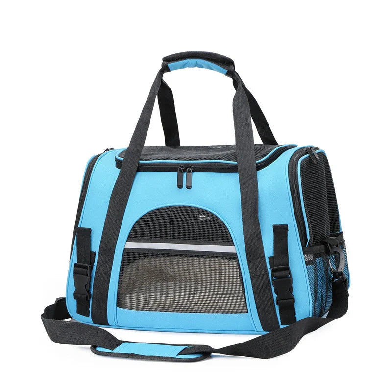 Soft mesh foldable pet carrier bag by Adistore, designed for cats and small dogs, featuring breathable material and portable design.